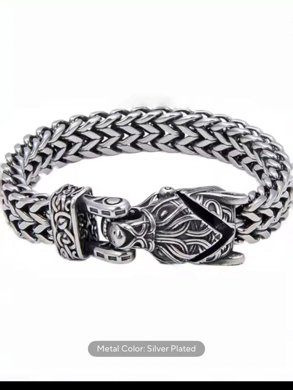 Sterling Silver Viking Wolf Bracelet - Braided Chain